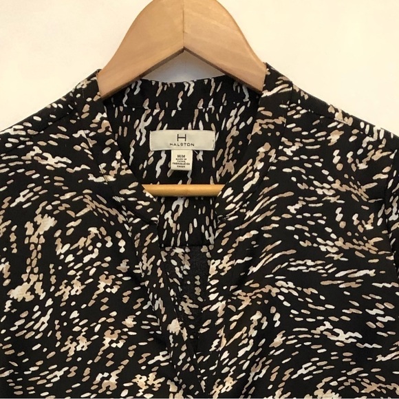 HALSTON oversized blouse long sleeve tunic Button up black abstract print Medium - Picture 11 of 11
